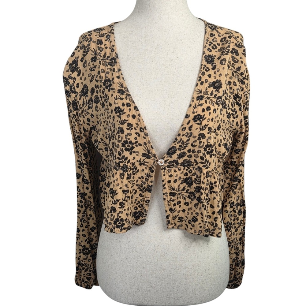 Y2K Indie‎ Sleaze Floral Leopard Print One Button Cropped Cardigan SZ S  Boho